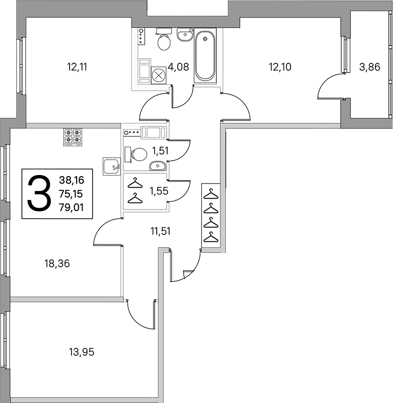 3-комнатная квартира 77.08 м², 2/4 эт., ЖК «Любоград в Стрельне»